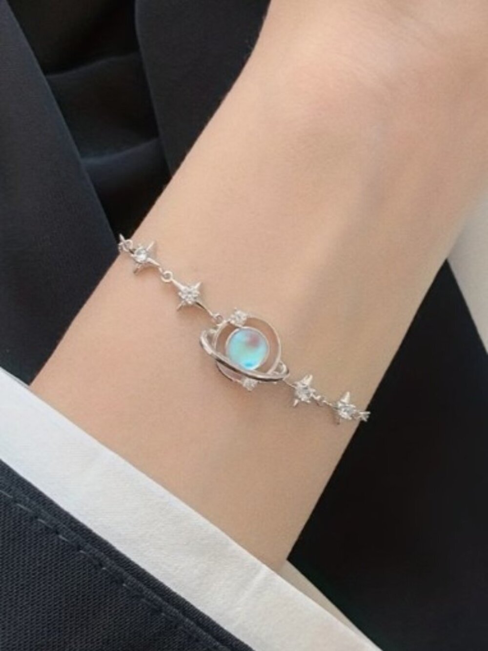 925 Sterling Silver Moonstone Bracelet Dainty Planet Charm - Approximately 7"